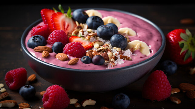 A vegan smoothie bowl topped with nuts seeds and fresh berries representing a nutrient-dense meal option.