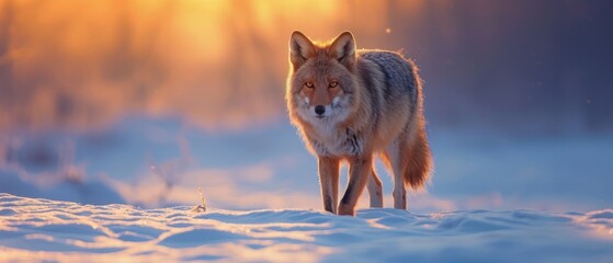  a close up of a fox walking in the snow with the sun shining through the trees in the back ground.