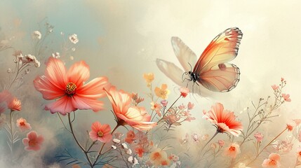 Delicate watercolor illustrations of blooming flowers and butterflies on a soft background, representing growth and transformation for Women's Day. [Floral transformation]