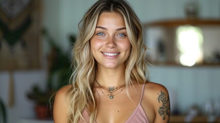 A Happy Nordic Woman joyfull, full-figured with long blonde hair Background - Showing Body Positive - Blue Eyes Crop Top and Tattoos on Arms - Cute Girl Wallpaper created with Generative AI Technology - obrazy, fototapety, plakaty