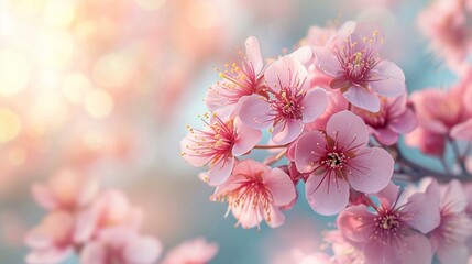Soft-focus image of blooming cherry blossoms against a pastel sky, offering a serene and nature-inspired background for a Women's Day banner. [Cherry blossom serenity]