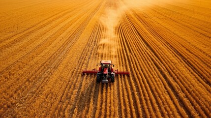 An aerial view of a tractor plowing a vast, golden field in preparation for planting. [Aerial plowing perspective]