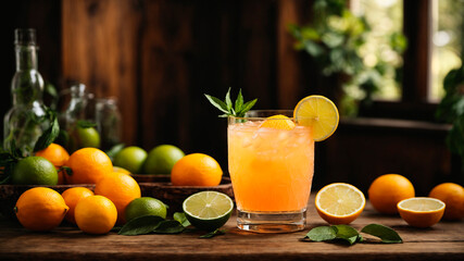 delicious fruit cocktail with pieces of lemon and orange, mint leaves, generated by AI