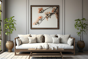 Infuse your living room with a touch of your personality. Visualize a simple mockup featuring an empty frame, offering endless possibilities for creative expression in a serene setting.