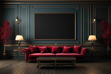 Picture a luxurious living room with a dark red sofa and a suitable table against an empty blank frame, creating an opulent space for customizable text.