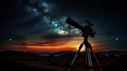 A high-quality photo visually captures a telescope unveiling distant galaxies and stars in the night sky, offering a glimpse into the profound mysteries and celestial splendor beyond our earthly realm