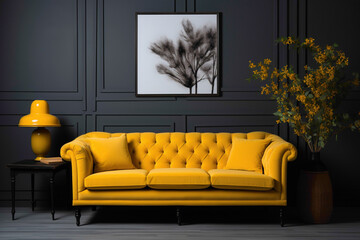 Picture a warm ambiance with a yellow sofa and a matching table, harmonizing with an absolutely empty blank frame, awaiting your text to make a statement.