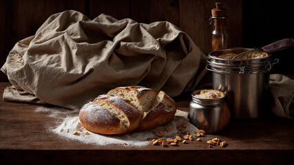 Obraz premium loaf of delicious bread on a wooden table for making fondue, generated by AI