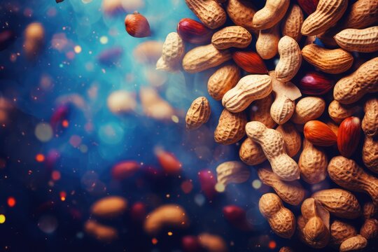 Healthy food background. Almond, peanut, hazelnut, pistachio, peanut on a dark blue background. Abstract background for March: National Peanut Month 