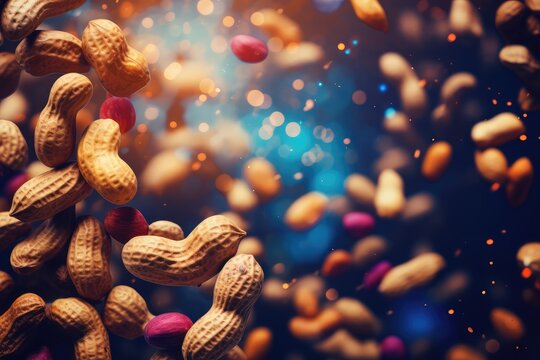 Peanuts in shells on a dark background. Selective focus. Abstract background for March: National Peanut Month 