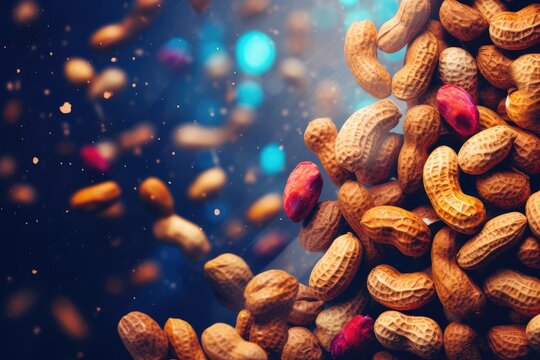 Peanuts in shells on a dark blue background. Selective focus. Abstract background for March: National Peanut Month 