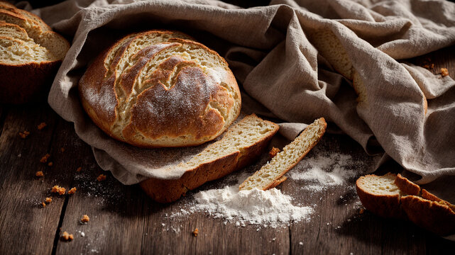 loaf of delicious bread on a wooden table just from the oven, generated by AI