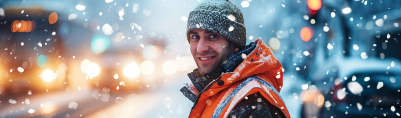 Portrait of a road worker in a snow covered orange reflective jacket, smiling during a snowfall with the Winter city lights in the background, banner with space for text.