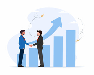 Two men shaking hands after business growth success arrow pointing up towards success financing of creative projects.