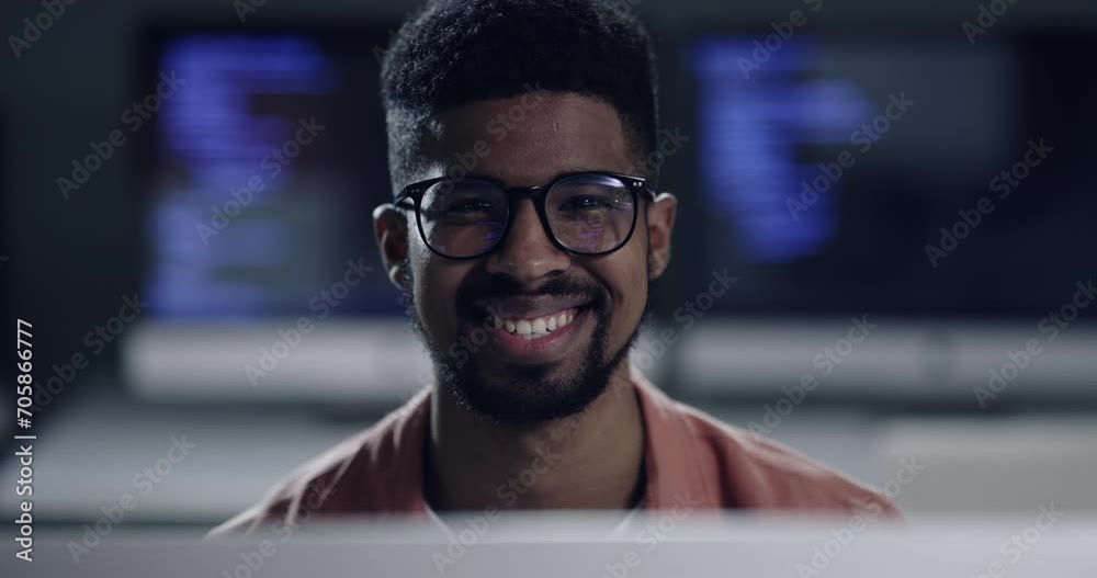 Poster Business man, computer at night and information technology, programming or cybersecurity software in office. Face of African expert or programmer with coding, glasses for vision and data research
