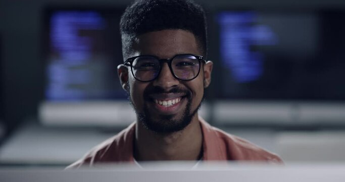 Business man, computer at night and information technology, programming or cybersecurity software in office. Face of African expert or programmer with coding, glasses for vision and data research