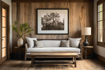 Picture the warmth of a farmhouse-inspired entrance hall, featuring a wooden bench against a wood lining paneling wall.