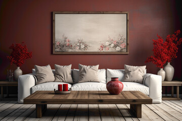 Picture the warm ambiance of a room adorned with brown, white, and red sofas, complemented by a wooden table against a blank canvas. 