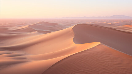 Fototapeta na wymiar Drone photograph of a vast desert landscape with rolling sand dunes at sunrise.