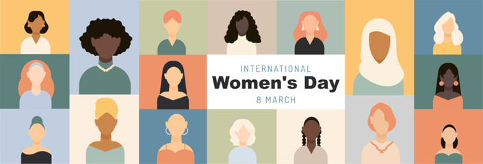 International Women's Day banner. Set of colored icons, women with different hairstyles and nationalities, women's icons in flat style - obrazy, fototapety, plakaty