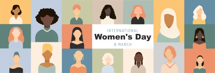 Foto op Canvas International Women's Day banner. Set of colored icons, women with different hairstyles and nationalities, women's icons in flat style © Anastasiia
