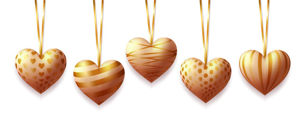 Set of gold hearts on a ribbon. Greeting card design elements for Valentine's Day, Mother's Day, wedding. Volumetric illustration of a heart on a white background.