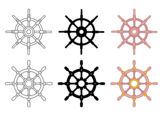 Collection of steering wheels. Ship, yacht retro wheel symbol. Nautical rudder icon. flat design © George