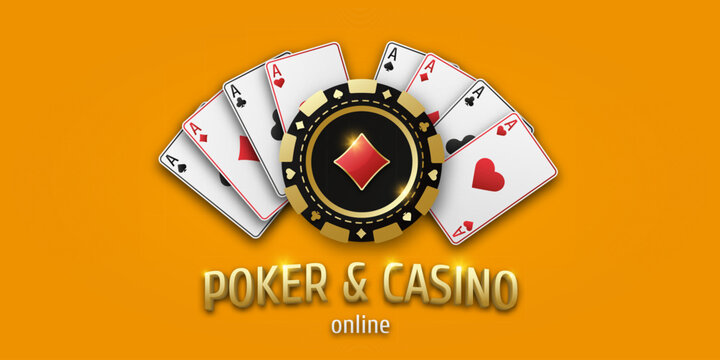 Concept poker or casino. Gambling token with suit diamonds. Realistic playing chip and playing ace cards of all suits. Banner for web app or site. Vector poster for championship.