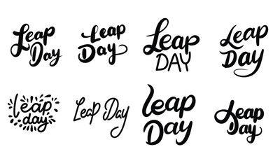 Collection of Leap Day inscriptions. Handwriting black text banners sets Leap Day concept. Hand drawn vector art.