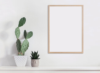 Blank wooden picture frame mockup on wall in modern interior. Vertical artwork template, mock up...