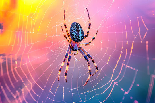 Orb-weaving spider at sunrise, a breathtaking image capturing an orb-weaving spider weaving its intricate web against the backdrop of a colorful sunrise.