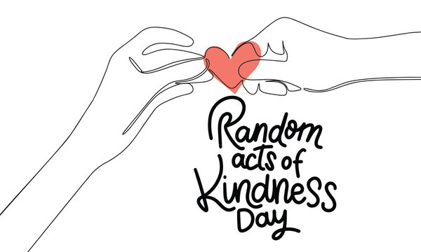 Random acts of Kindness Day banner. Handwriting text and line art two hands with hearts. Hand drawn vector art.