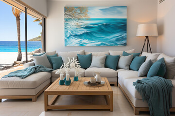 Step into a modern living space by the sea, featuring inviting fabric sofas with vibrant turquoise pillows. 