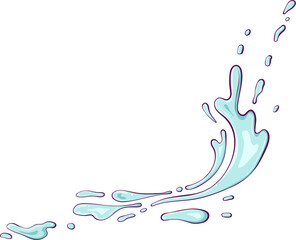 Splashes of water or paint. Spray of fountain. Splash aqua motion. Water spill. Vector illustration in hand drawn cartoon style. Simple color graphic isolated on white.