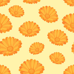 Orange flowers on yellow background. Floral seamless pattern. Vector cartoon flat illustration.