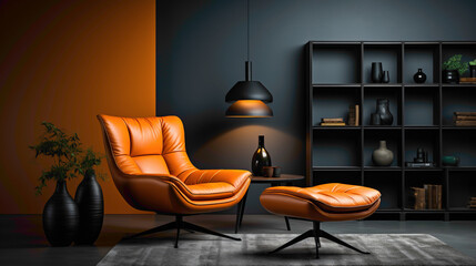 Step into a refined setting where a dark orange leather chair takes center stage, complemented by a sleek table against a solid mockup wall. 