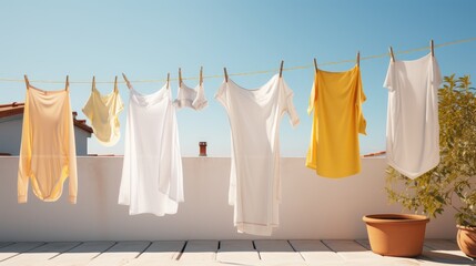 clean clothes hanging on a rope outdoors, bathed in sunlight.