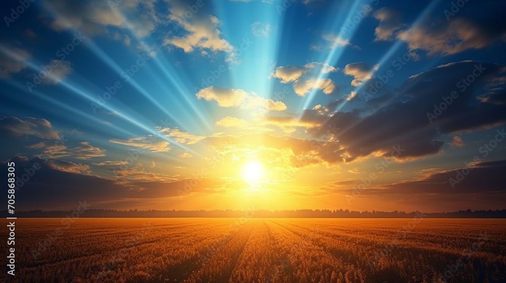 Wall mural sunrise over serene countryside vibrant wheat fields and clear blue sky with fluffy white clouds