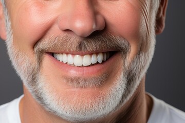 Obraz premium Perfect White Smile of Elderly Man with Ideal Teeth, Close-Up Portrait, Orthodontic Prosthesis