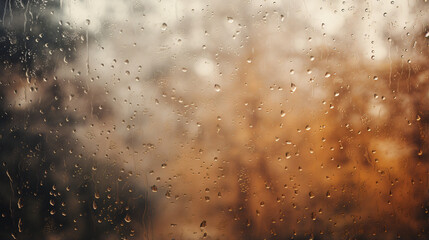 Overlooking a autumn forest through foggy brown glass window with raindrops during storm
