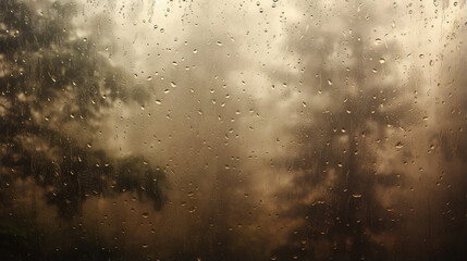 Overlooking a autumn forest through foggy brown glass window with raindrops during storm