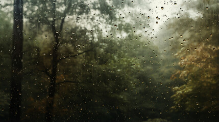 Overlooking a autumn forest through foggy brown glass window with raindrops during storm