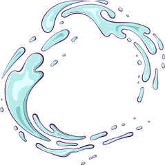 Splashes of water or paint. Spray of fountain. Splash circle water motion. Abstract round shape. Vector illustration in hand drawn cartoon style. Simple color graphic isolated on white.
