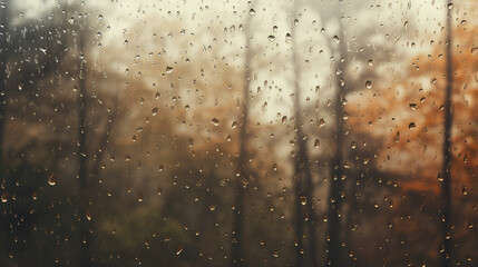 Overlooking a autumn forest through foggy brown glass window with raindrops during storm