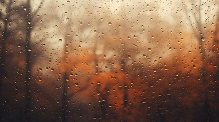 Overlooking a autumn forest through foggy brown glass window with raindrops during storm