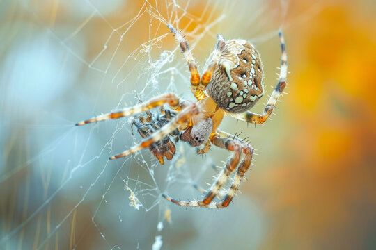Spider with prey, an action-packed image capturing a spider with its prey, such as a caught insect or prey in its web.