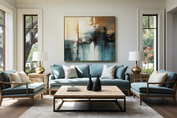 Step into a serene living room adorned with light blue and aqua sofas around a wooden table. 