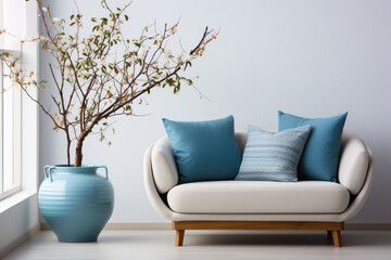 Step into a serene modern living room featuring a cute blue loveseat sofa or snuggle chair paired with a pot holding a branch, set against a minimalist white wall with generous copy space.  - obrazy, fototapety, plakaty