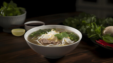 side view of Traditional Vietnamese beef soup pho fill in the bowl garnish with onion and green leaves topping in white bowl with aesthetic background