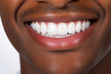 Fototapeta premium Brightening Smiles. Close-up of Black Males Impeccable White Teeth at a Cutting-Edge Dental Clinic